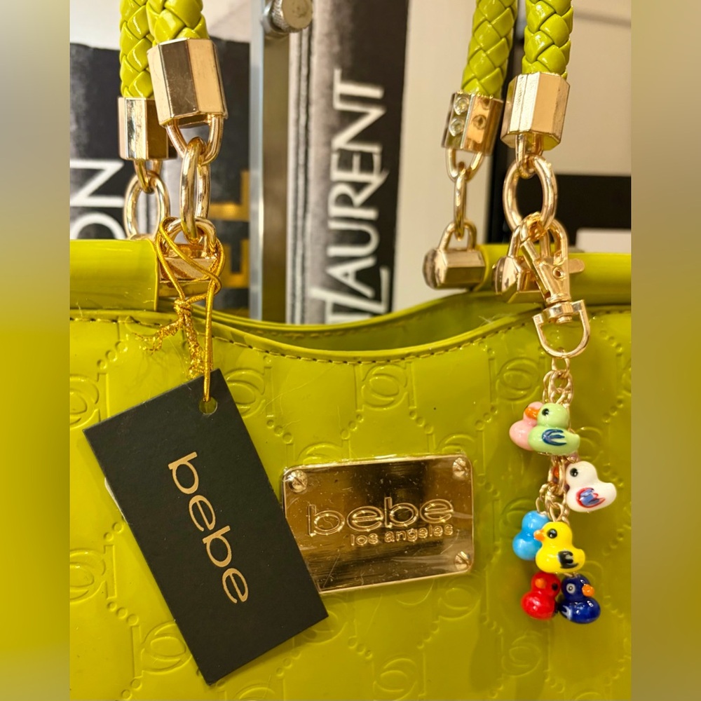 BEBE Lime Green Patent Satchel/Crossbody w/Braided Top Handle/Adjustable Strap - Picture 5 of 14